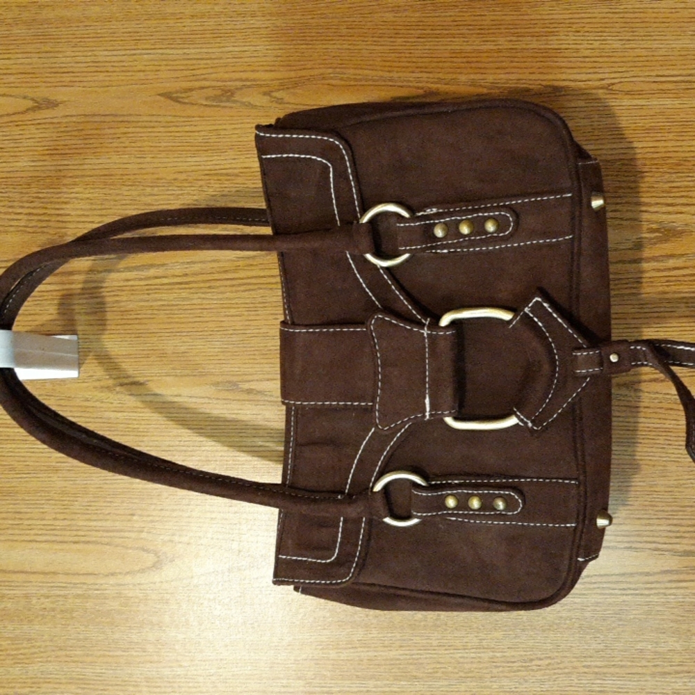 Brown Suede Shoulder Bag with Decorative Buckle